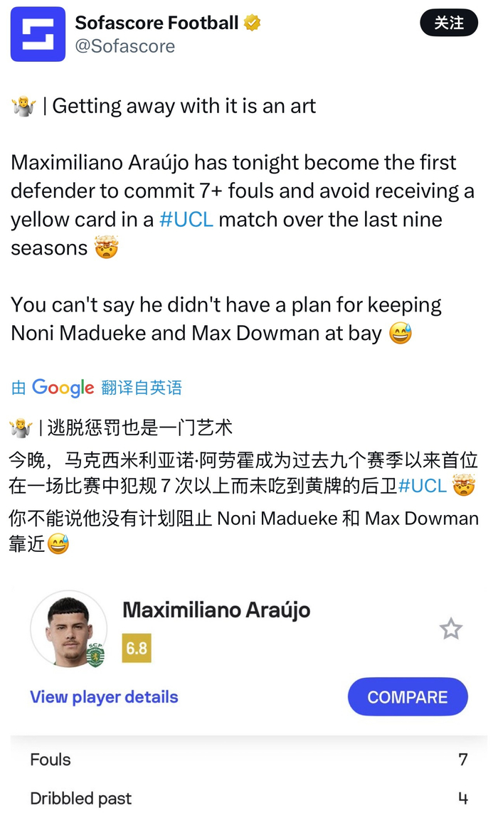 360直播网-葡萄牙体育后卫阿劳霍欧冠单场7次犯规未吃牌创纪录|阿森纳|体育赛事讨论|处罚|球员_新浪体育_新浪新闻